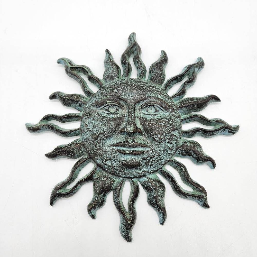 Metal Cast Iron Sun Face Wall Hanging Plaque Painted Faux Green Patina Look 8"